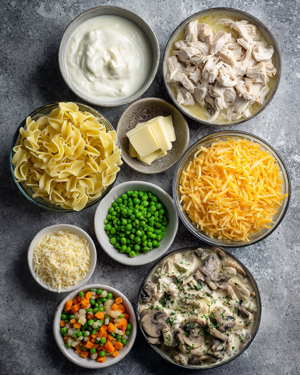 Raw ingredients laid out for chicken noodle casserole