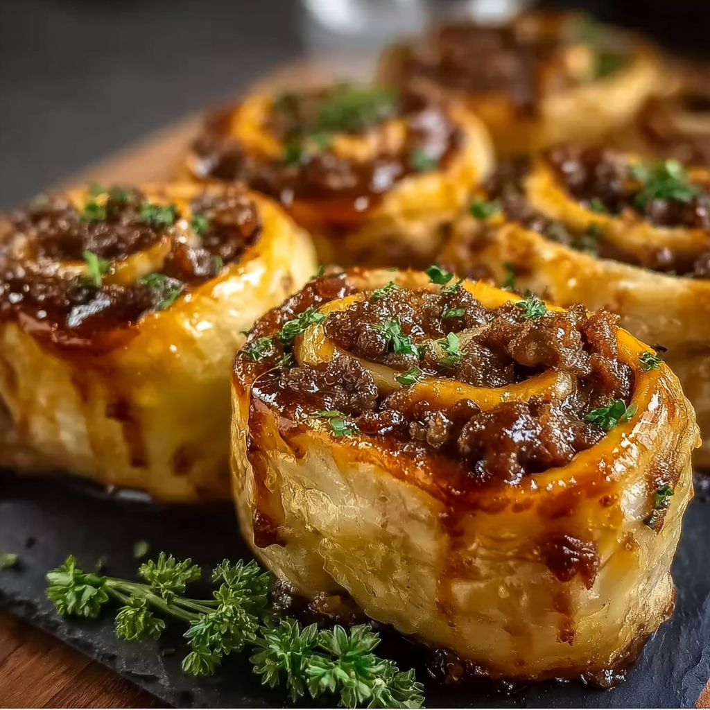 brushing garlic butter on beef cheeseburger rollups before baking