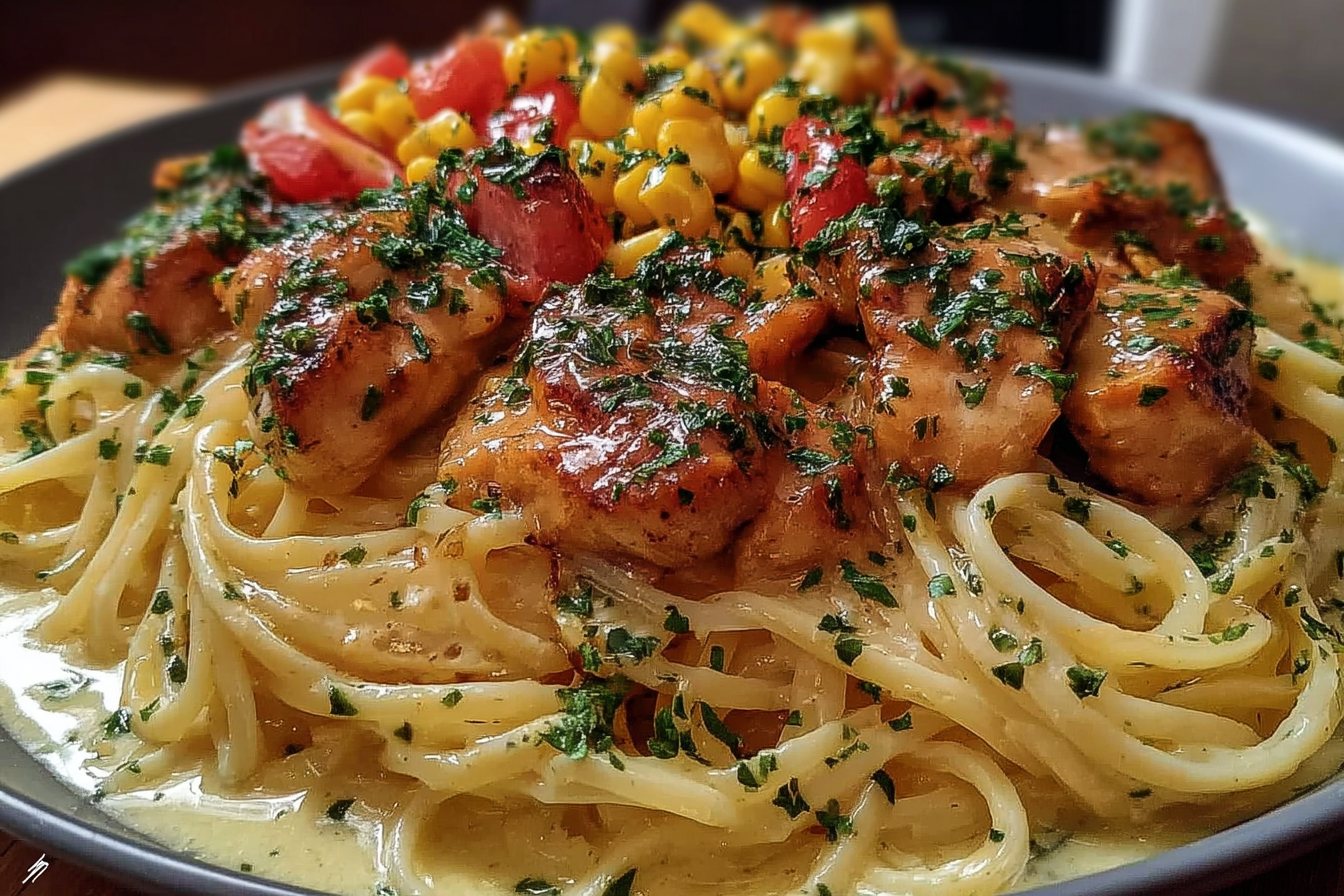 Cowboy butter chicken linguine tossed in a garlicky, buttery herb sauce with tender chicken and fresh parsley