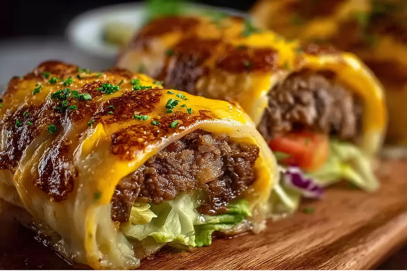 garlic butter beef cheeseburger rollups on wooden board, melted cheese