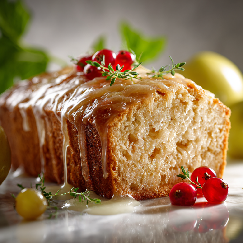 lemon glaze poured over rhubarb loaf