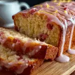 fresh lemon rhubarb loaf with glaze on rustic table