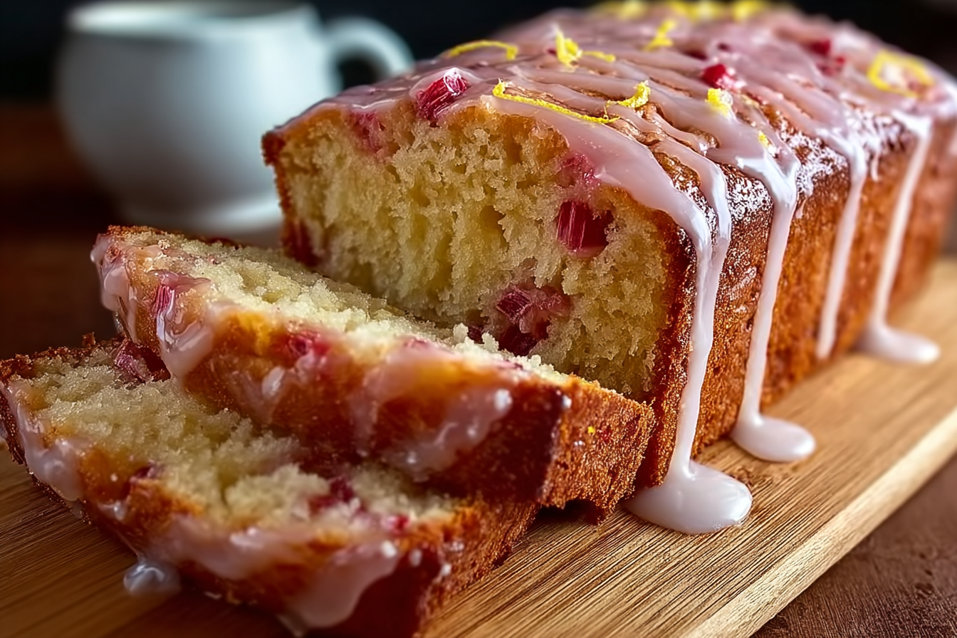fresh lemon rhubarb loaf with glaze on rustic table