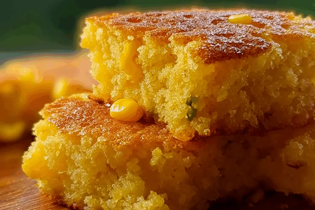 freshly baked Navajo Cornbread loaf in cast iron skillet