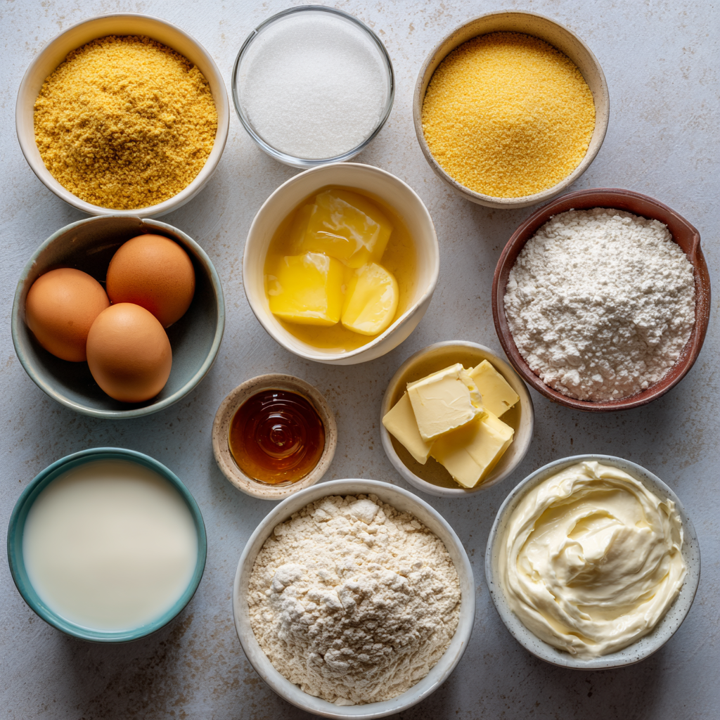 Navajo Cornbread recipe ingredients on wooden table
