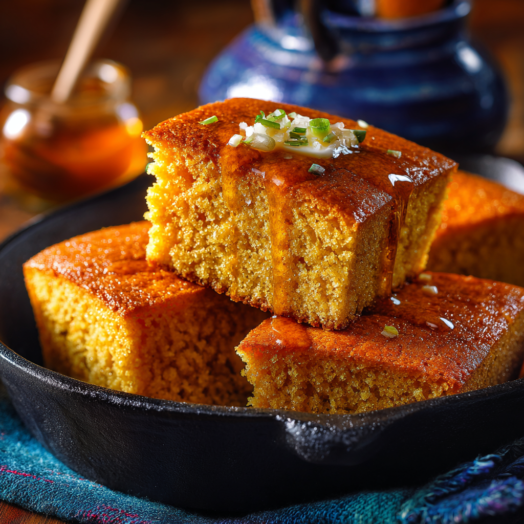 pouring Navajo Cornbread batter into cast iron skillet