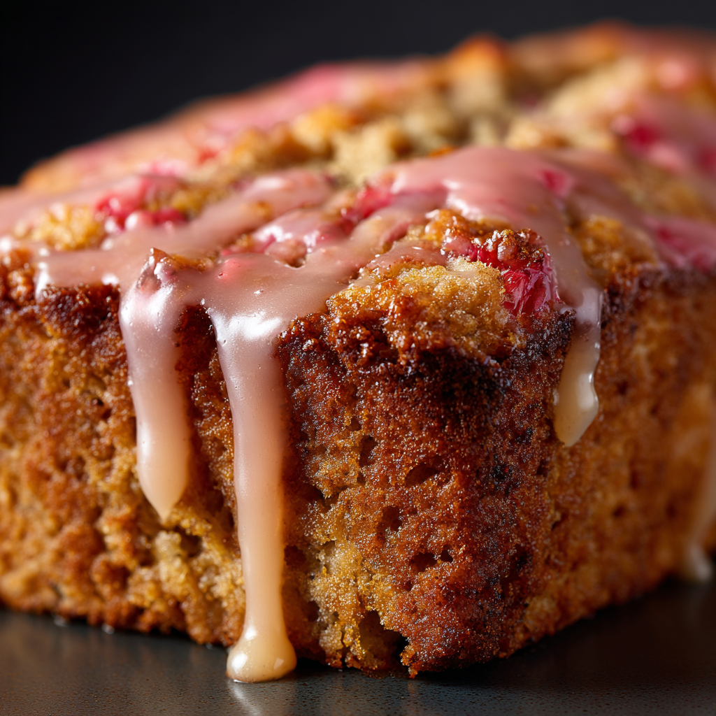 sliced lemon rhubarb loaf with glaze served