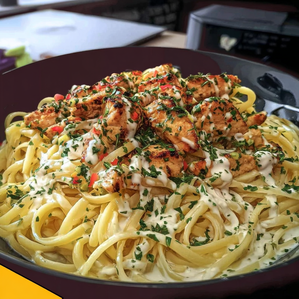 Cowboy butter chicken linguine tossed in a garlicky, buttery herb sauce with tender chicken and fresh parsley