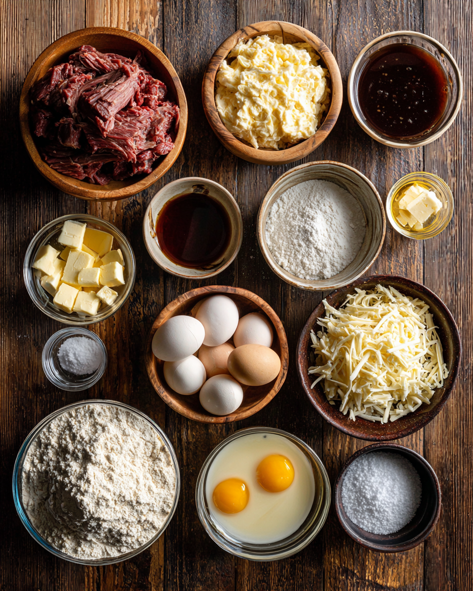 Ingredients displayed for Smoked Brisket Beer Cheese Pretzel Bombs