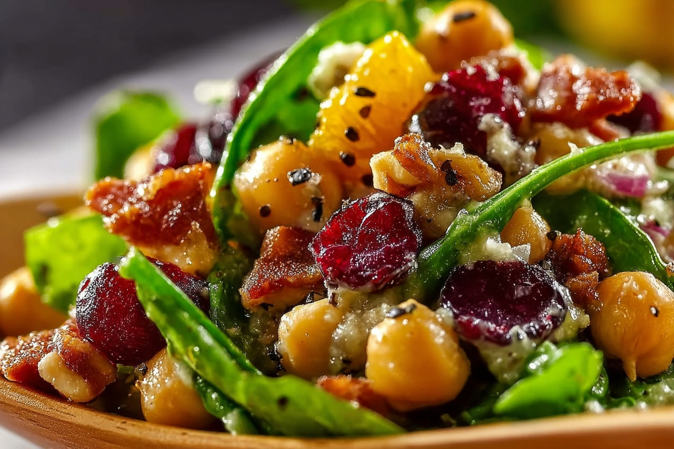 Cranberry walnut chickpea salad with orange vinaigrette in a bowl
