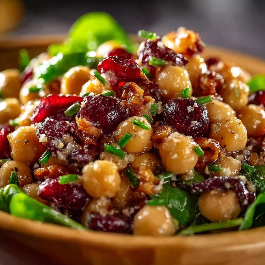Cranberry walnut chickpea salad with orange vinaigrette ready to serve