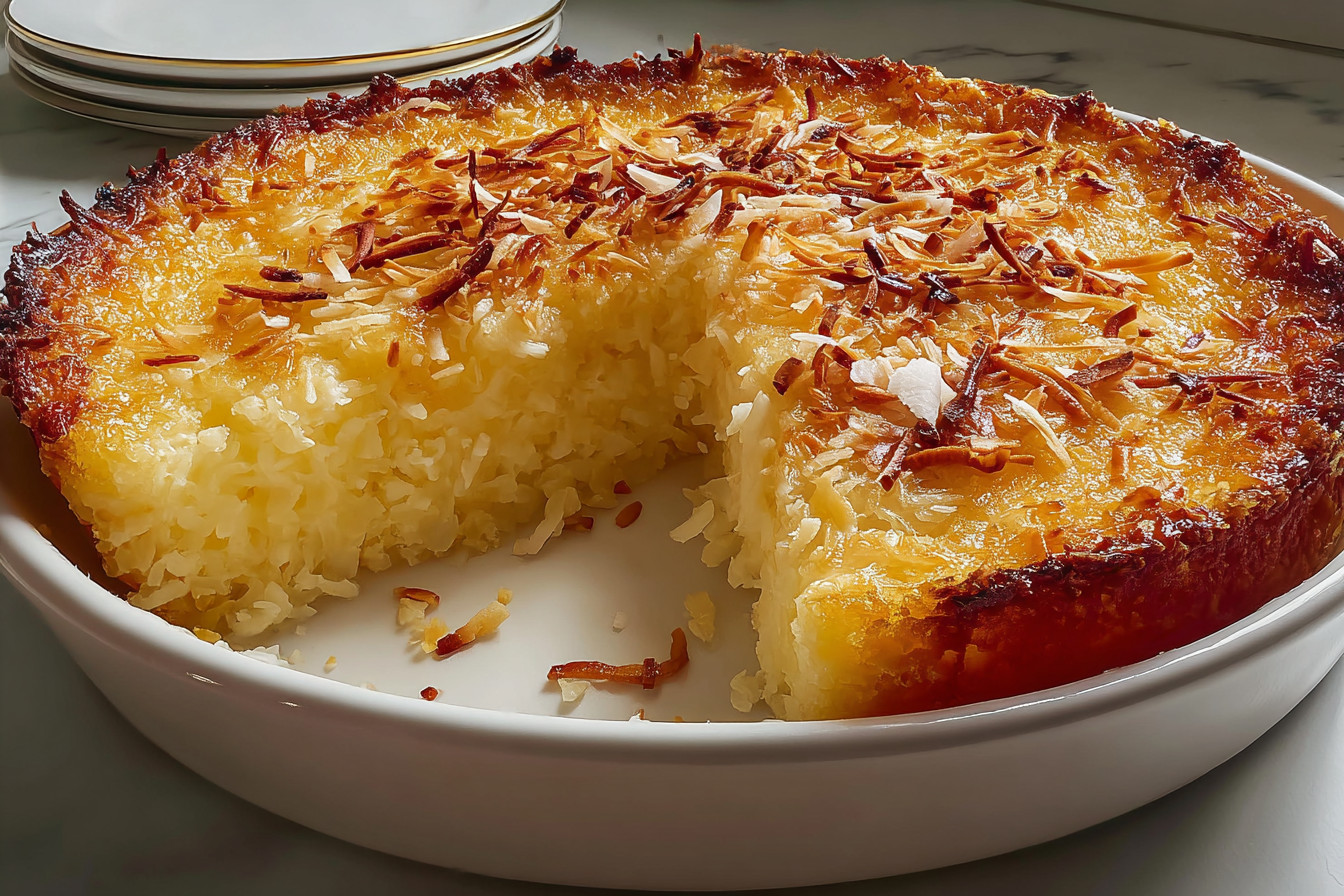 Crustless Coconut Pie with golden top being served