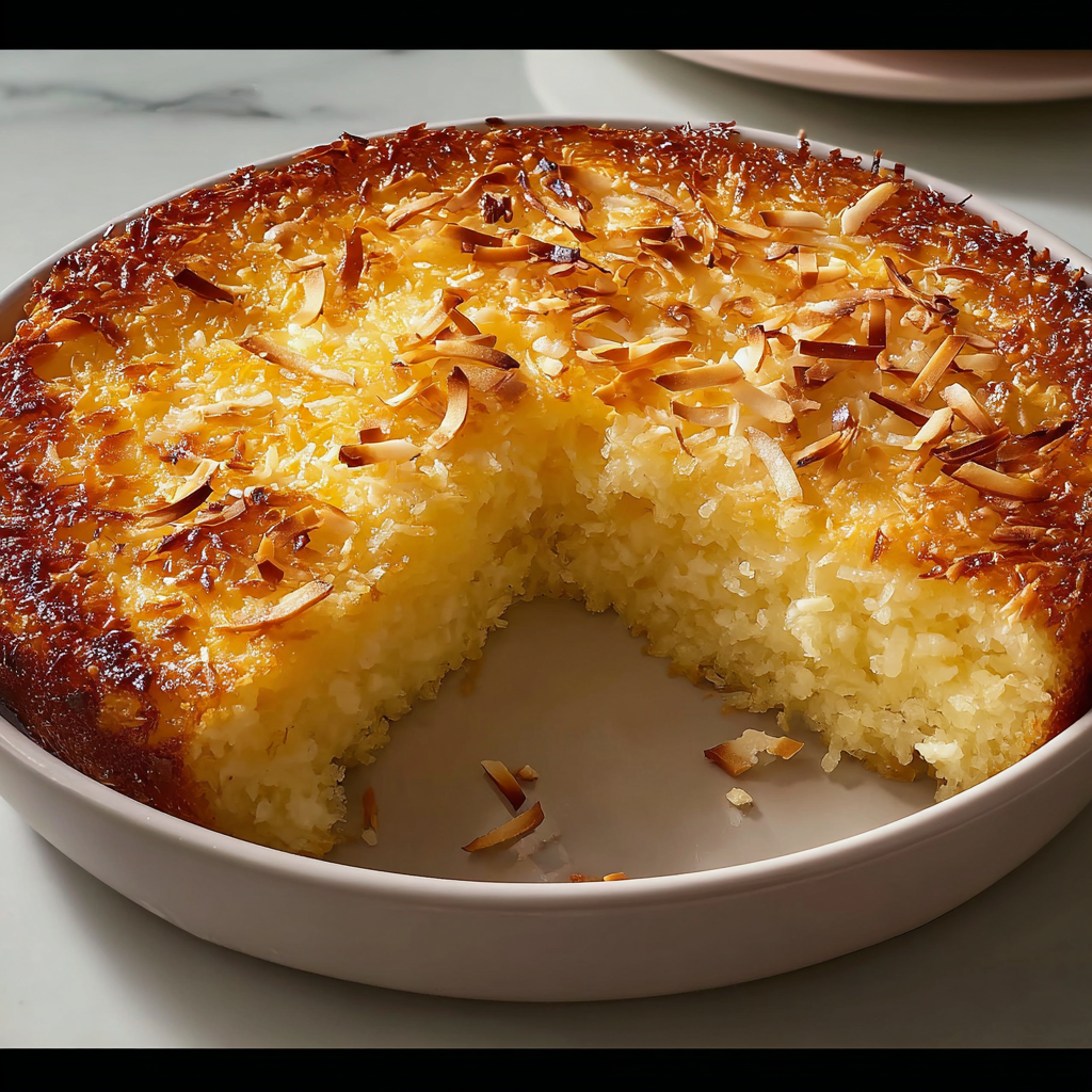Crustless Coconut Pie with golden top being served