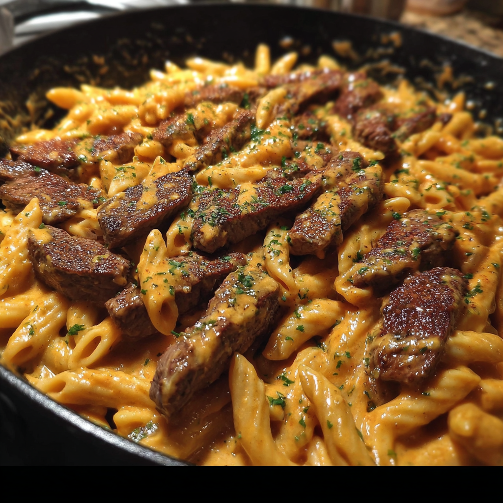 Creamy Cajun Butter Steak Pasta Skillet with seared beef strips, penne, and a rich spicy sauce garnished with parsley