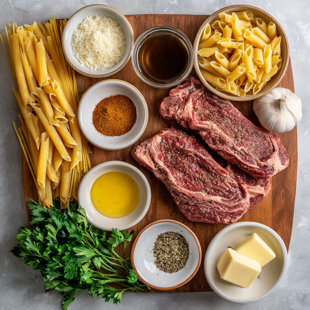 Creamy Cajun Butter Steak Pasta Skillet ingredients