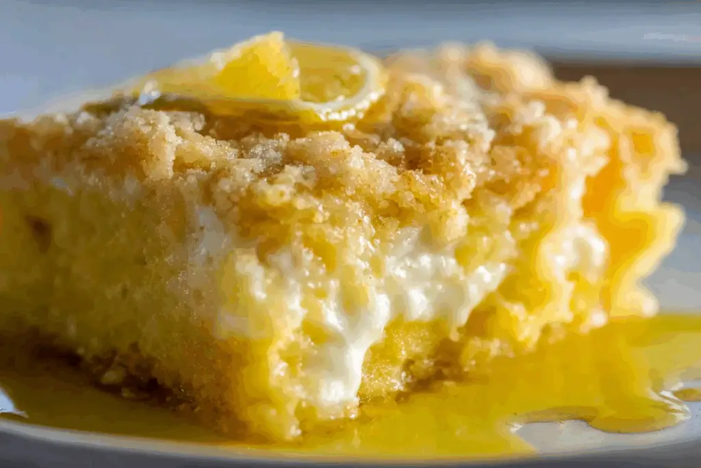 Freshly baked 4-Ingredient Lemon Cream Cheese Dump Cake in a glass dish