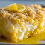 Freshly baked 4-Ingredient Lemon Cream Cheese Dump Cake in a glass dish