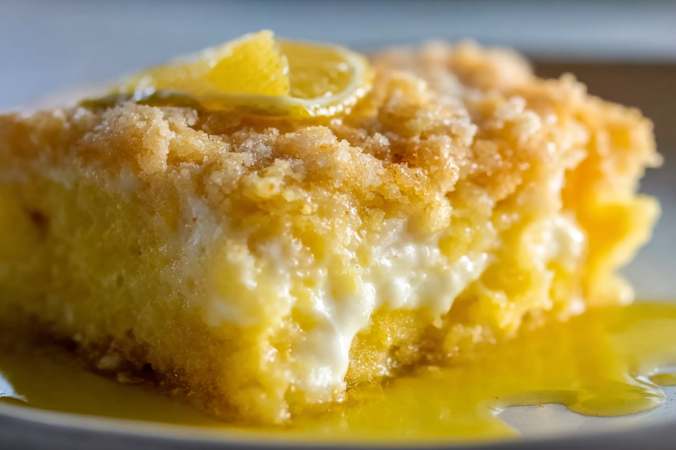 Freshly baked 4-Ingredient Lemon Cream Cheese Dump Cake in a glass dish