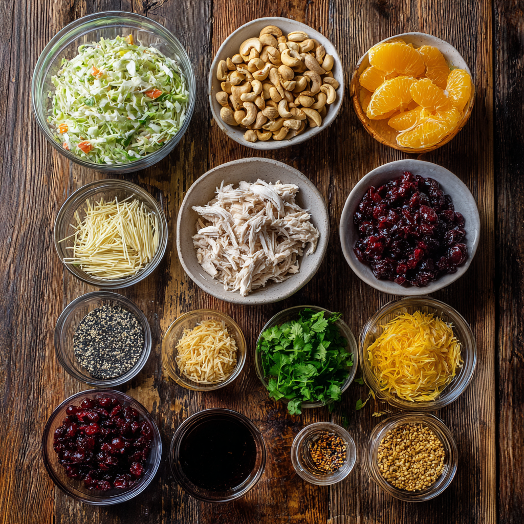 Flat lay of Asian Chicken Cranberry Salad ingredients