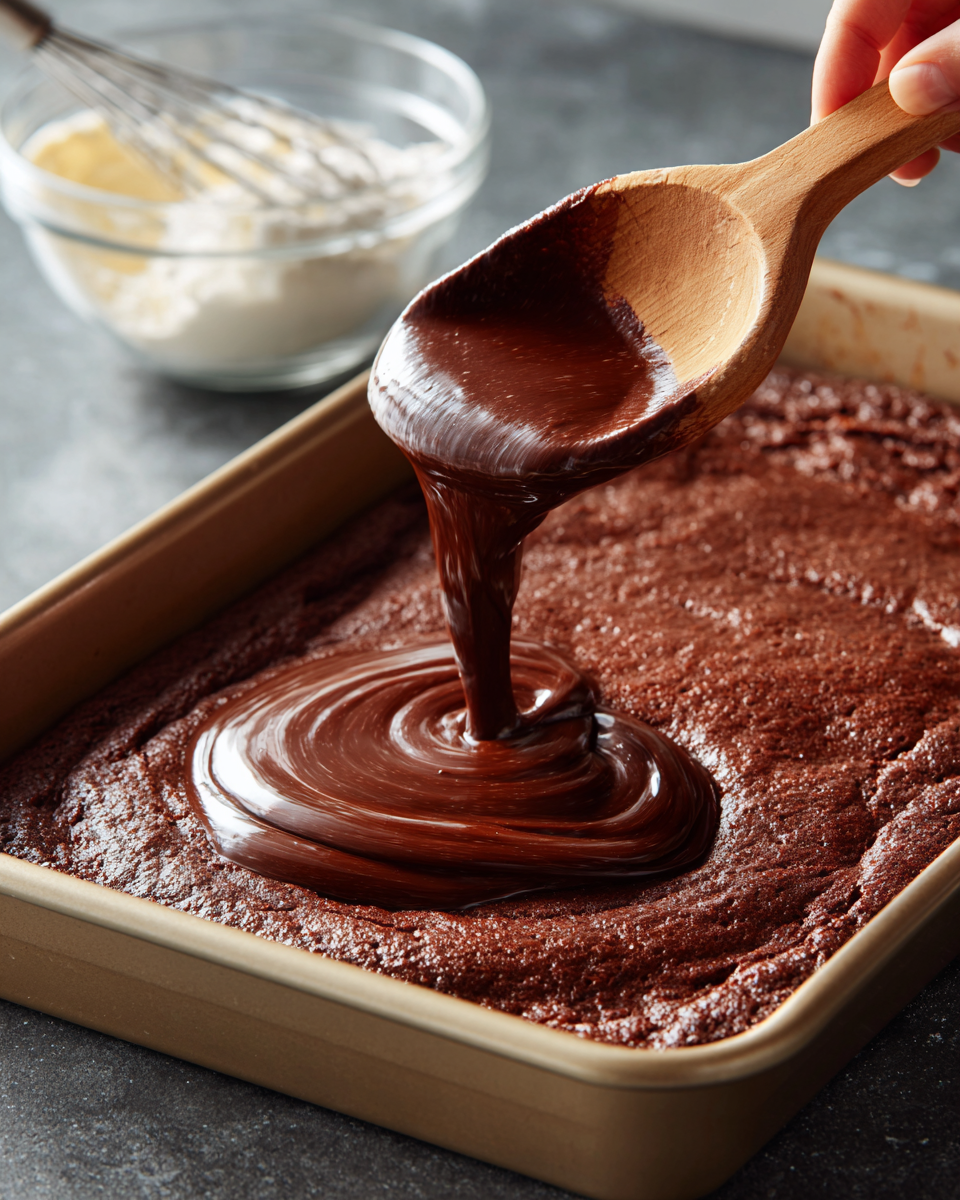 Poking holes in a chocolate cake for poke cake