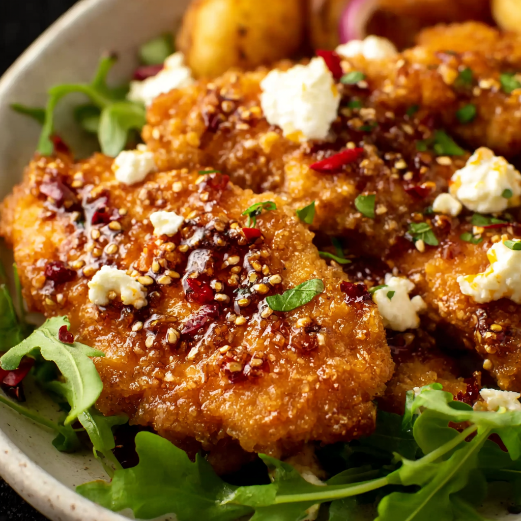 Broiled chicken topped with melty feta and hot honey
