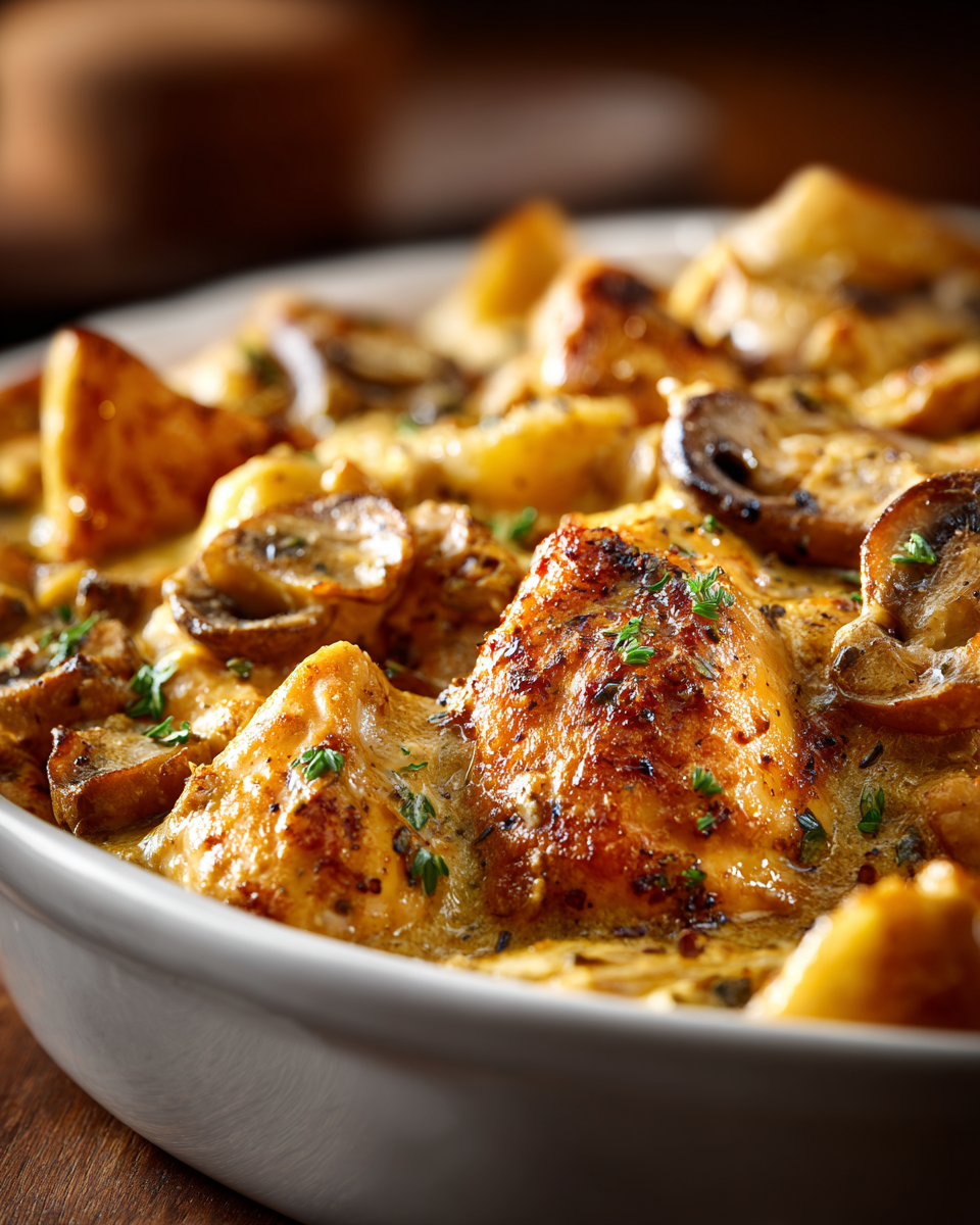 A plated portion of Neiman Marcus chicken casserole