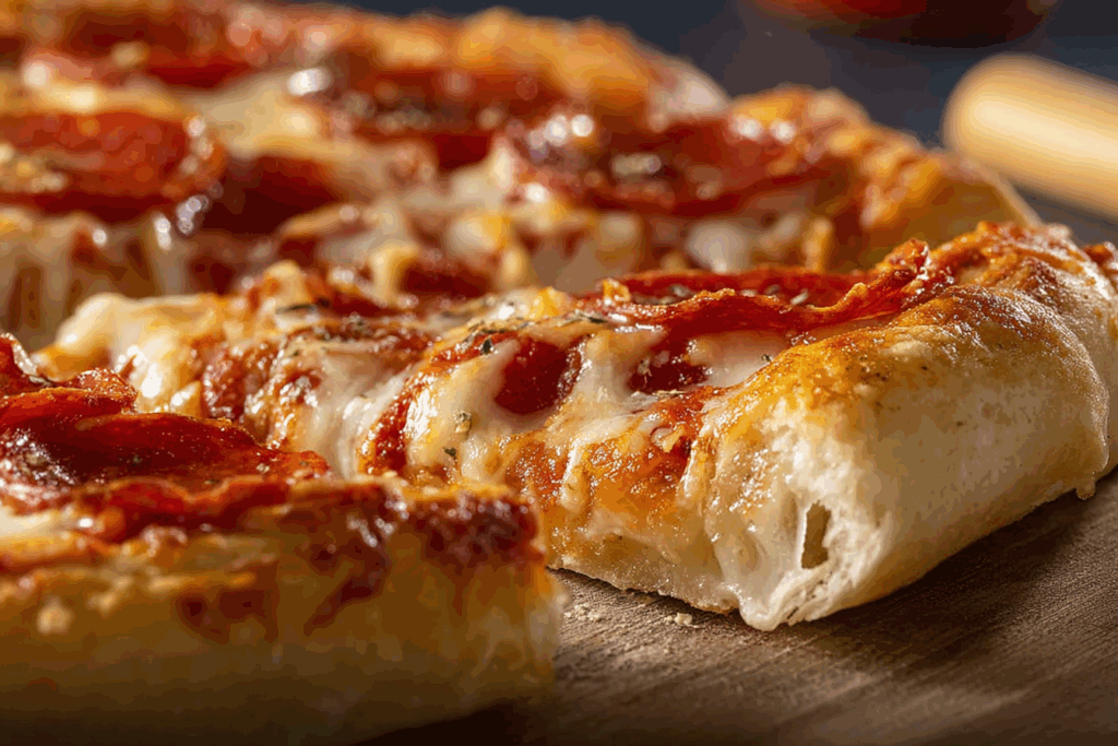Stuffed crust pepperoni pizza on wooden board