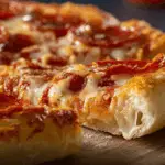 Stuffed crust pepperoni pizza on wooden board