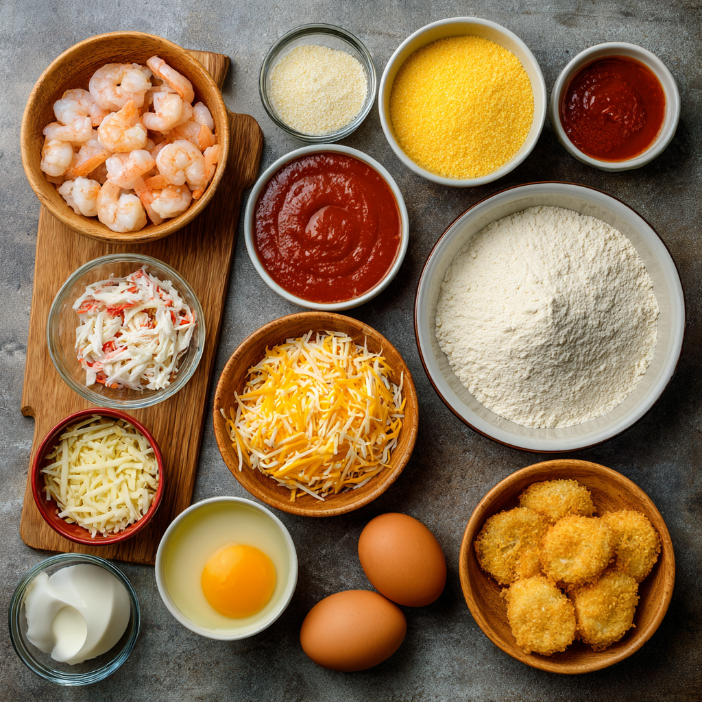 All ingredients for seafood nacho corn dogs