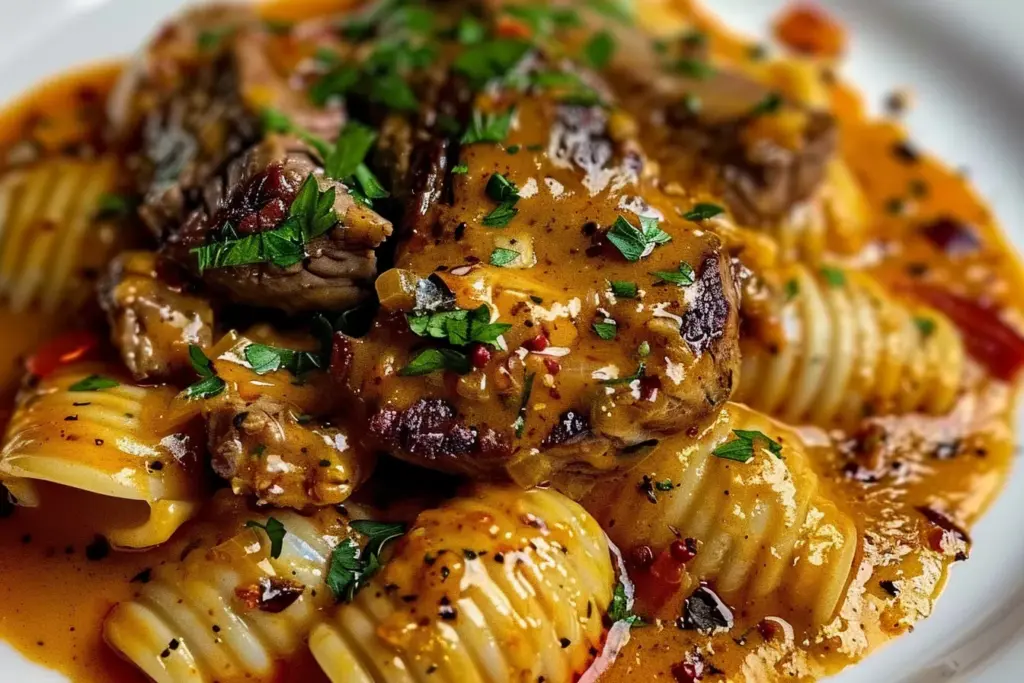 Creamy Paprika Steak Shells served hot in skillet