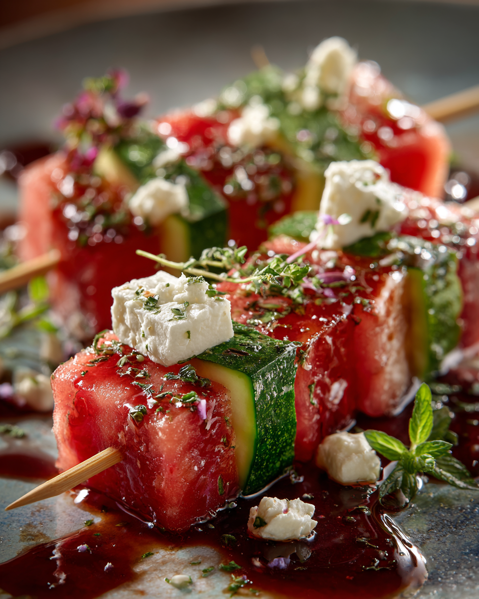 Guests enjoying watermelon cucumber feta skewers at a summer gathering