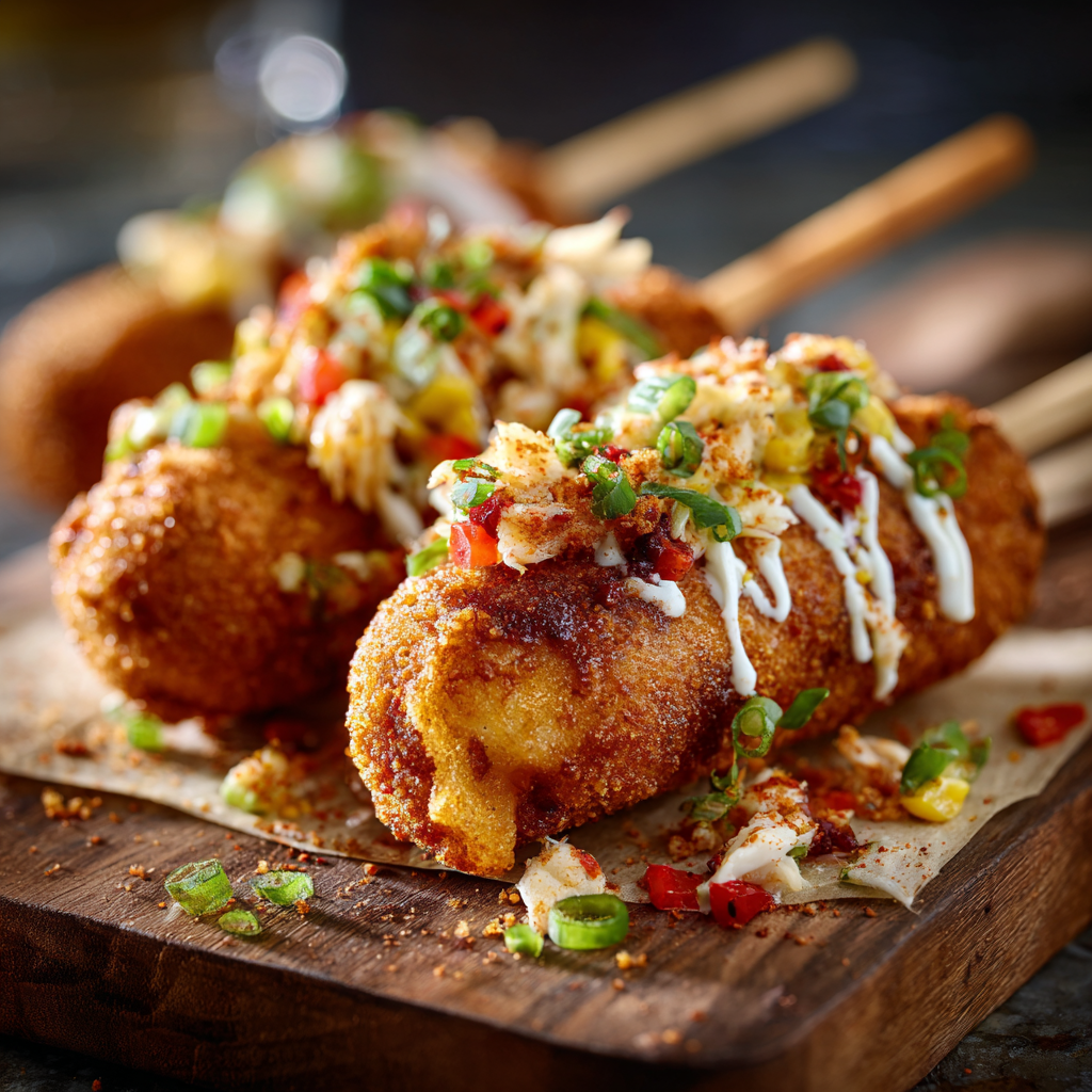 Shrimp and Crab Nacho Bomb Corn Dogs frying in hot oil until golden and crispy