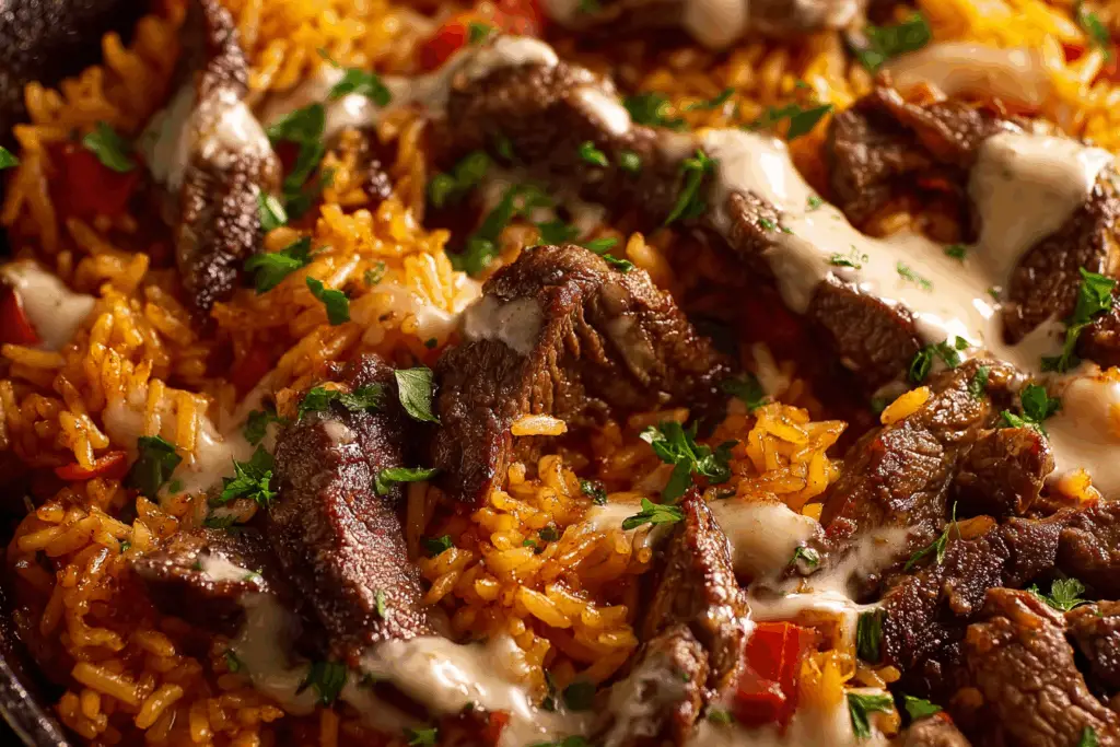 Mexican-style steak and queso rice bowl with toppings
