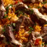 Mexican-style steak and queso rice bowl with toppings