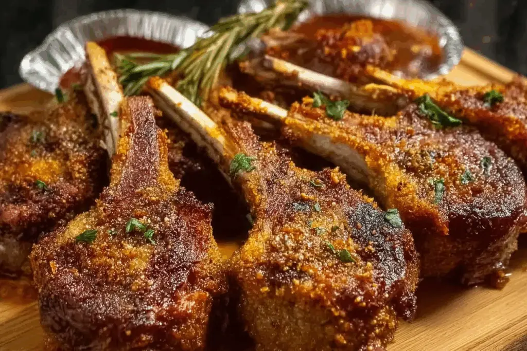 Garlic Parmesan Fried Lamb Chops served on a rustic plate with herbs and lemon