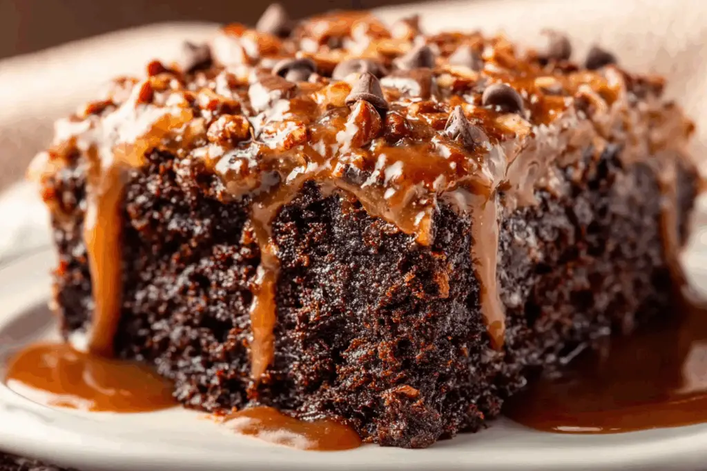 Slice of German Chocolate Poke Cake on a white plate