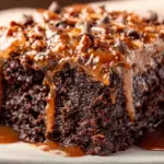 Slice of German Chocolate Poke Cake on a white plate