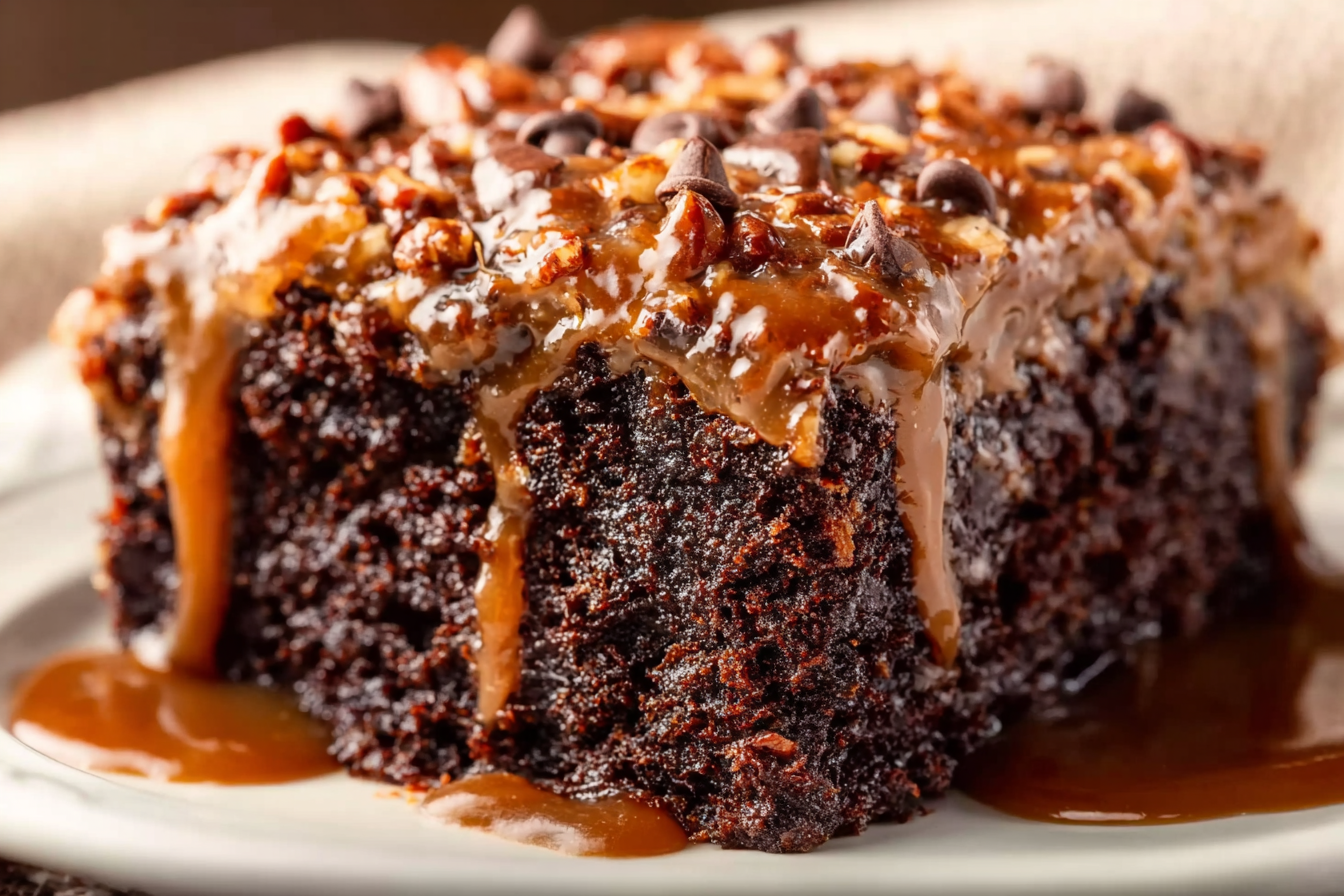 Slice of German Chocolate Poke Cake on a white plate