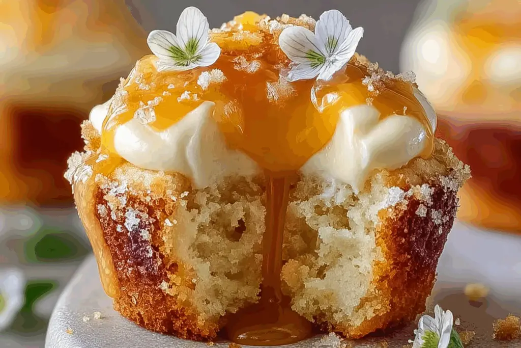 Honey peach cream cheese cupcake with frosting and peach garnish