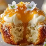 Honey peach cream cheese cupcake with frosting and peach garnish