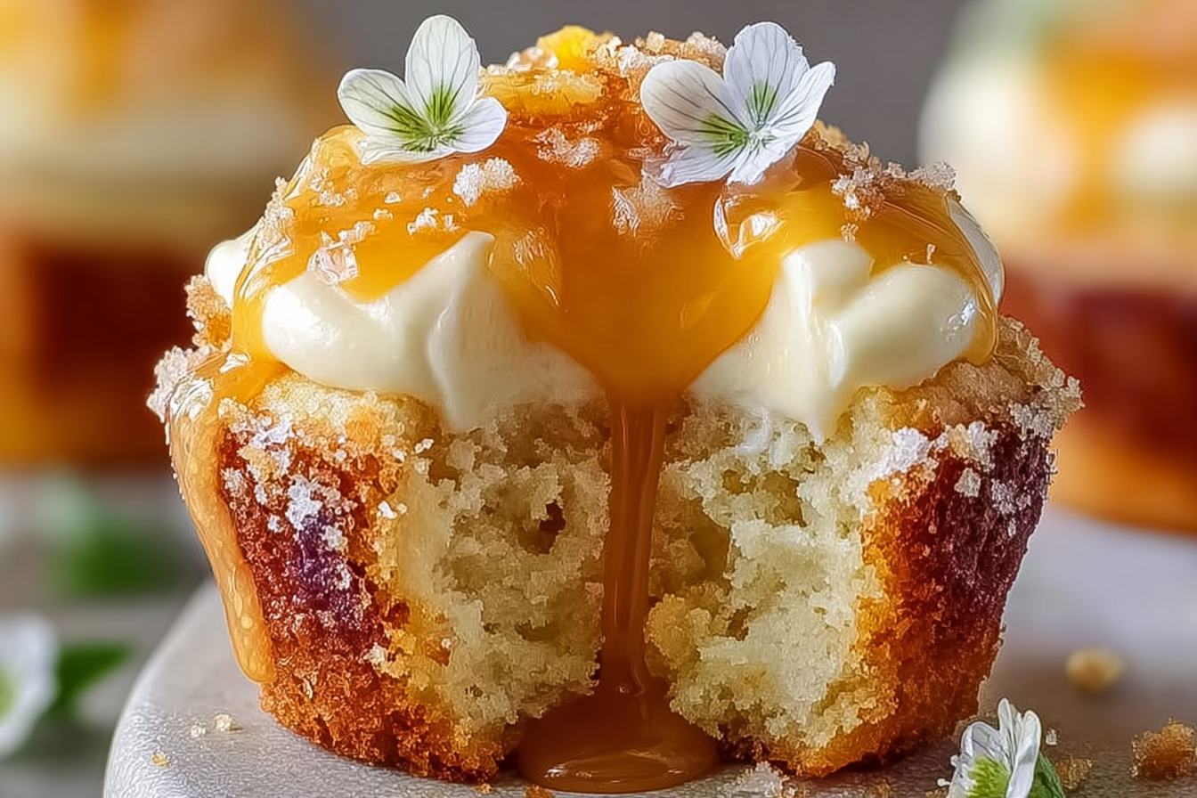 Honey peach cream cheese cupcake with frosting and peach garnish