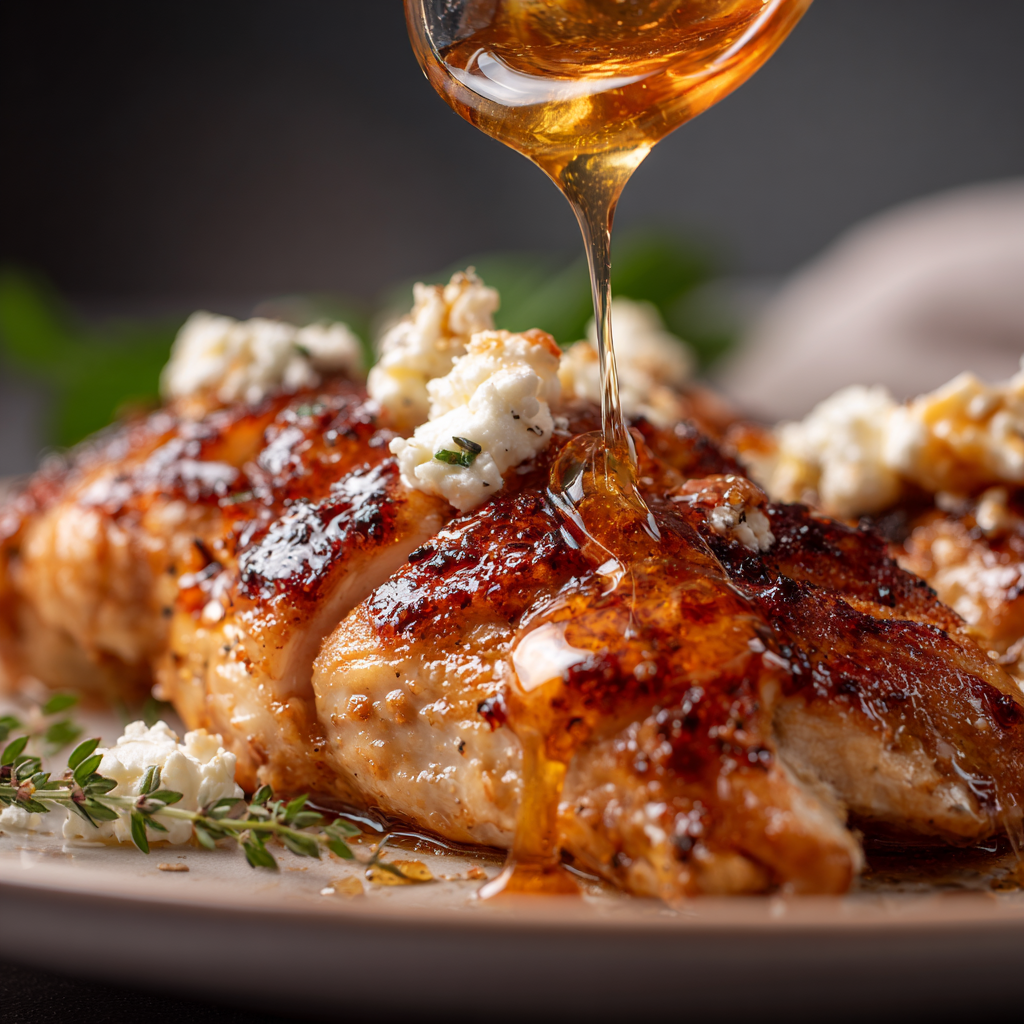 Hot Honey Feta Chicken served with salad and veggies