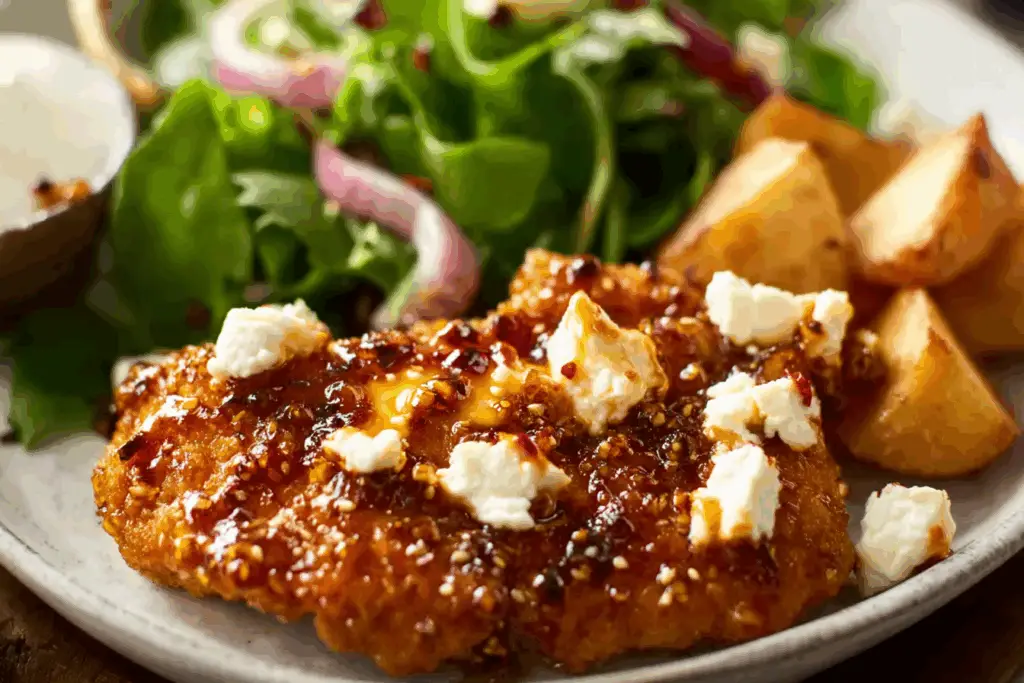 Hot Honey Feta Chicken plated with melty feta and hot honey drizzle