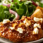 Hot Honey Feta Chicken plated with melty feta and hot honey drizzle