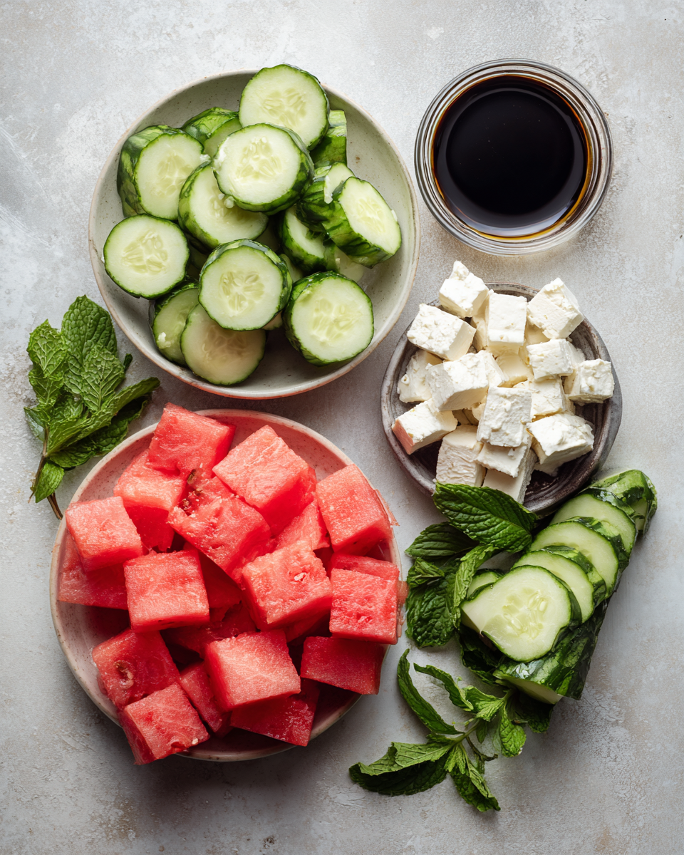 Fresh ingredients for making watermelon cucumber feta skewers