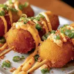 Inside view of Shrimp and Crab Nacho Bomb Corn Dogs showing cheesy seafood filling