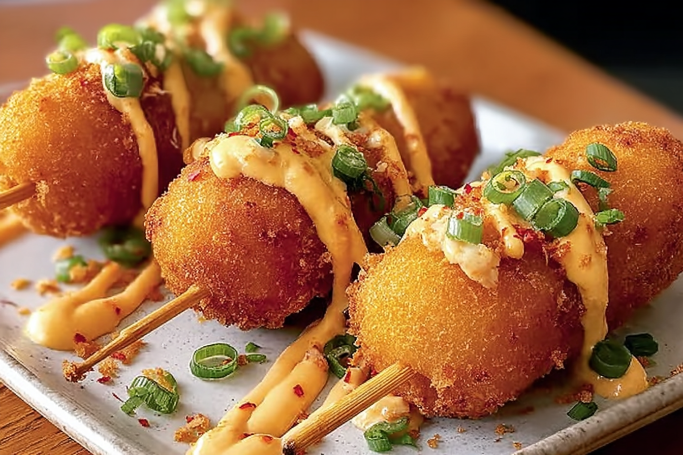Inside view of Shrimp and Crab Nacho Bomb Corn Dogs showing cheesy seafood filling