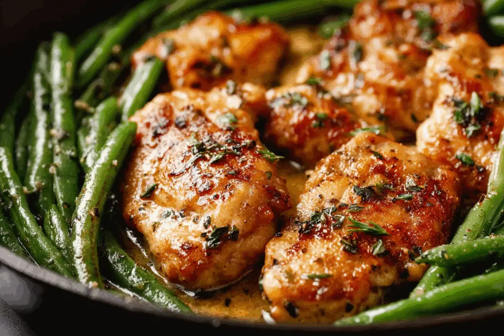 Lemon Garlic Butter Chicken and Green Beans Skillet in cast iron pan