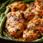 Lemon Garlic Butter Chicken and Green Beans Skillet in cast iron pan