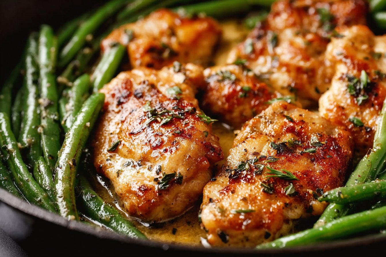 Lemon Garlic Butter Chicken and Green Beans Skillet in cast iron pan